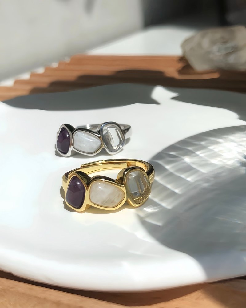 【疗愈内在 ✕ 情绪释放】紫水晶 × 月光石 × 白水晶 | 925纯银 - 戒指 - 纯银 白色