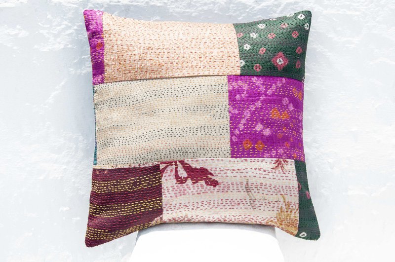 手工刺绣抱枕套 丝绸抱枕套 民族风抱枕套-法式风 拼布花朵森林 - 枕头/抱枕 - 丝．绢 多色