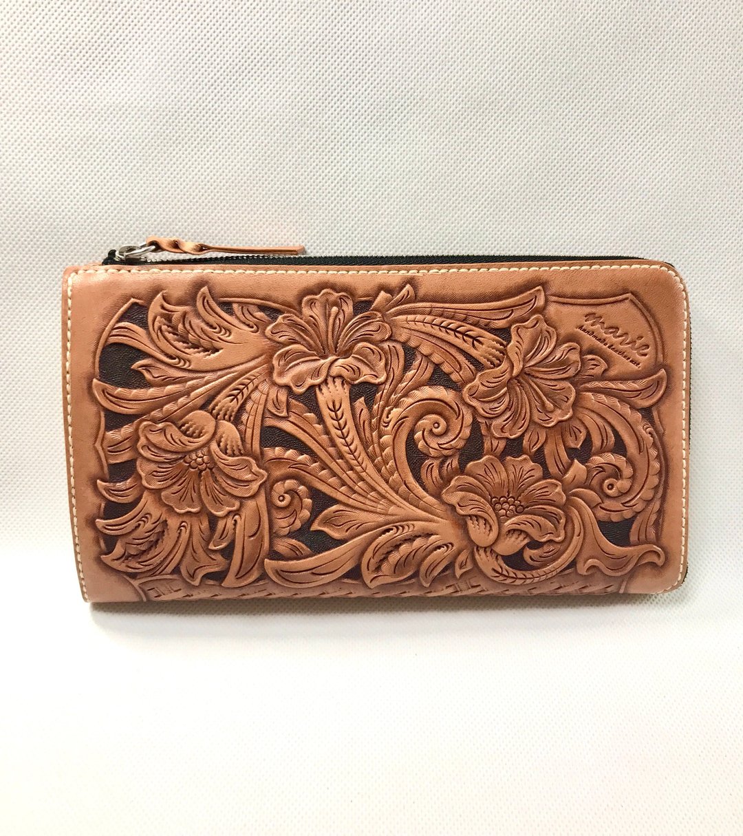 leather wallet leather carving leather card case long wallet long wallet - 皮夹/钱包 - 真皮 咖啡色