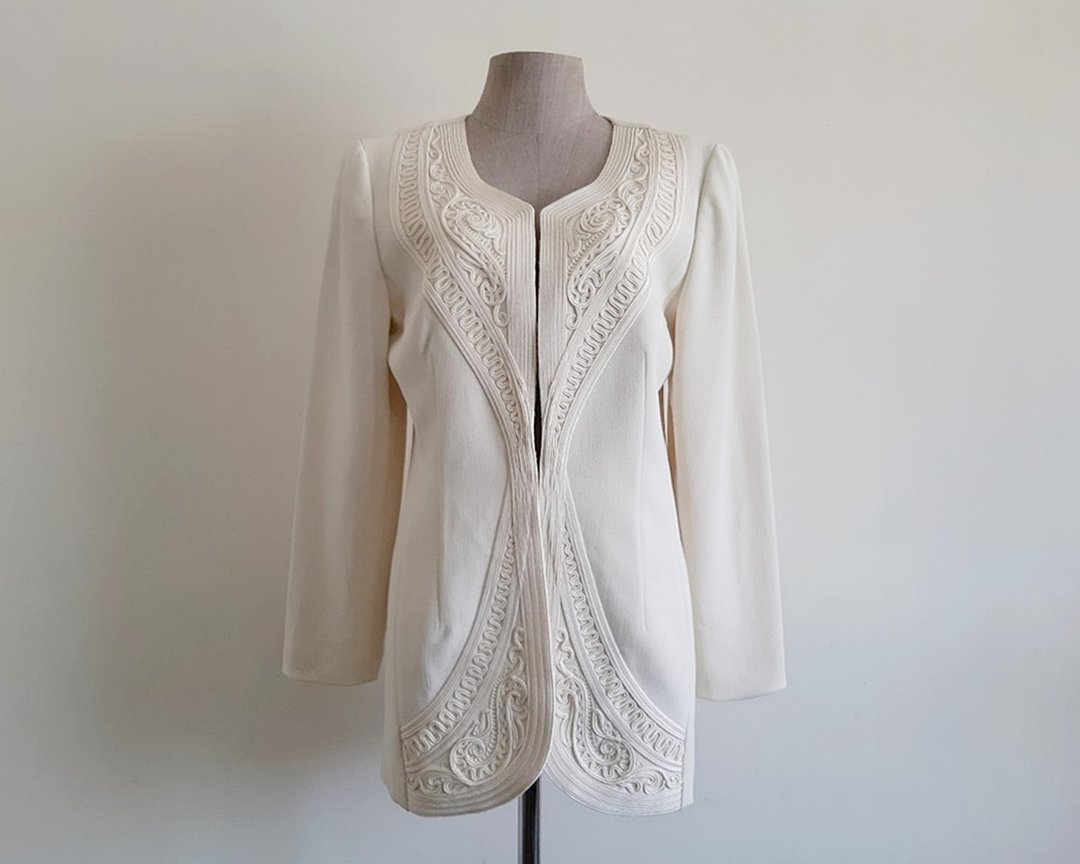 Vintage Cream Embroidered Jacket Womens Embellished Polyester Blazer XS - 女装西装外套/风衣 - 聚酯纤维 