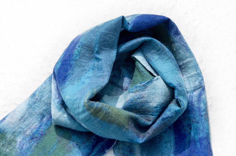 羊毛毡丝巾/湿毡丝巾/水彩艺术感围巾/羊毛渐层感丝巾-蓝绿色海洋 - 围巾/披肩 - 羊毛 多色