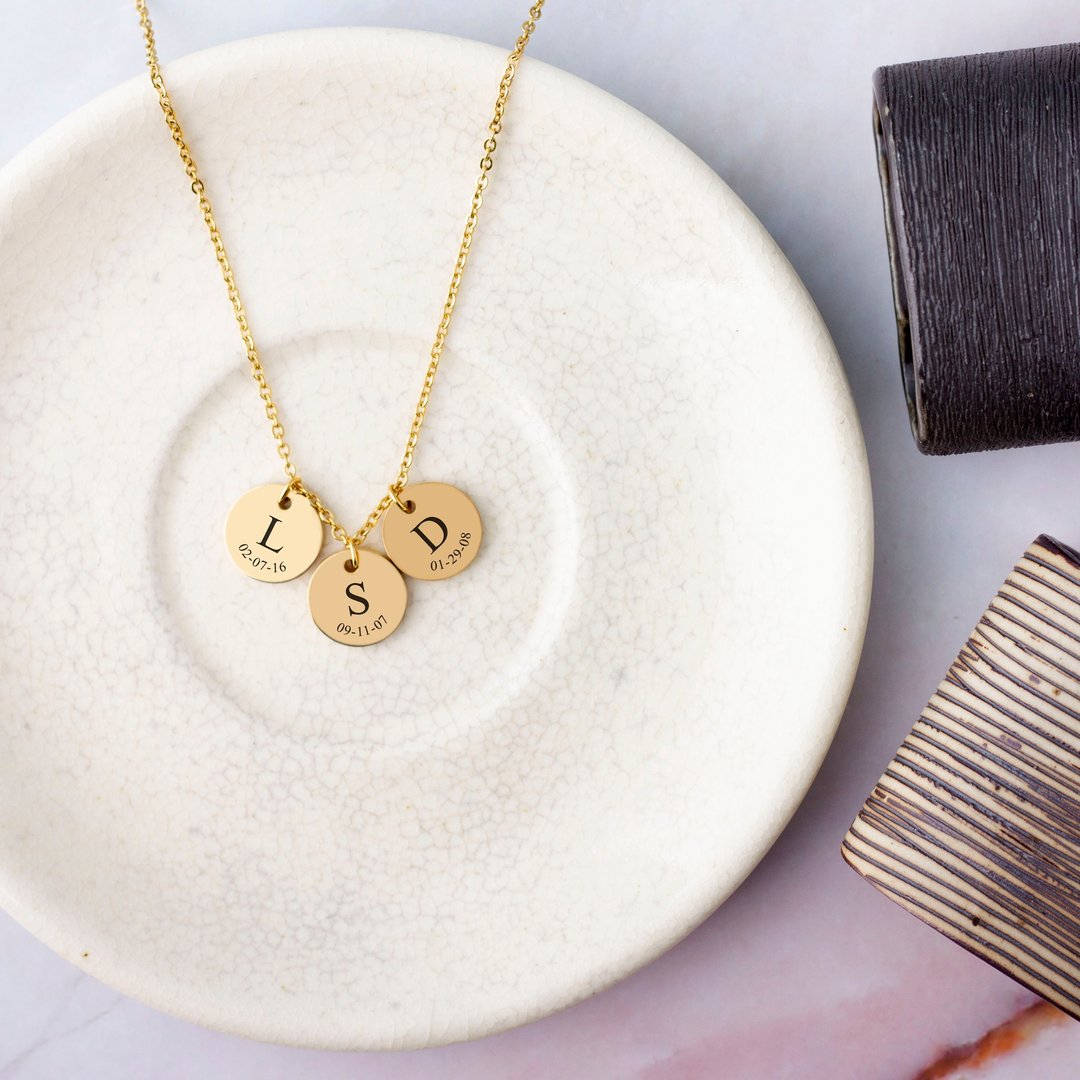 Personalize Name Date Necklace Custom Name Necklace Engrave Circle Birthday - 项链 - 其他金属 金色