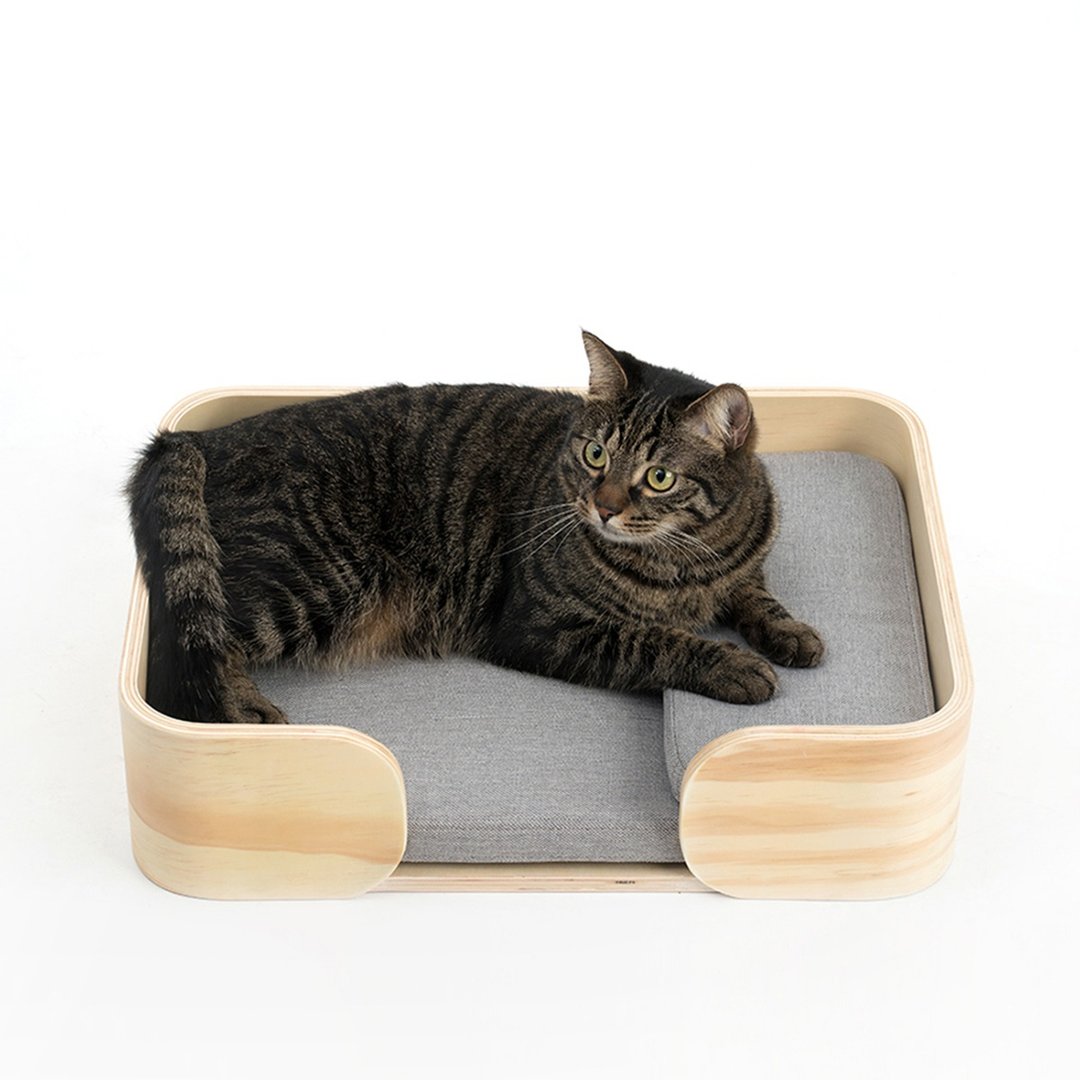 木制猫窝 宠物网 实木 天然榉木 棉麻 小型犬 猫床 宠物床 可拆洗 - 床垫/笼子 - 木头 卡其色