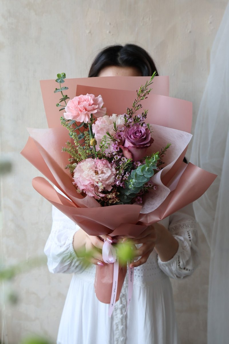 粉康乃馨 复古紫玫瑰 鲜花束 2025母亲节 - 摆饰 - 植物．花 粉红色