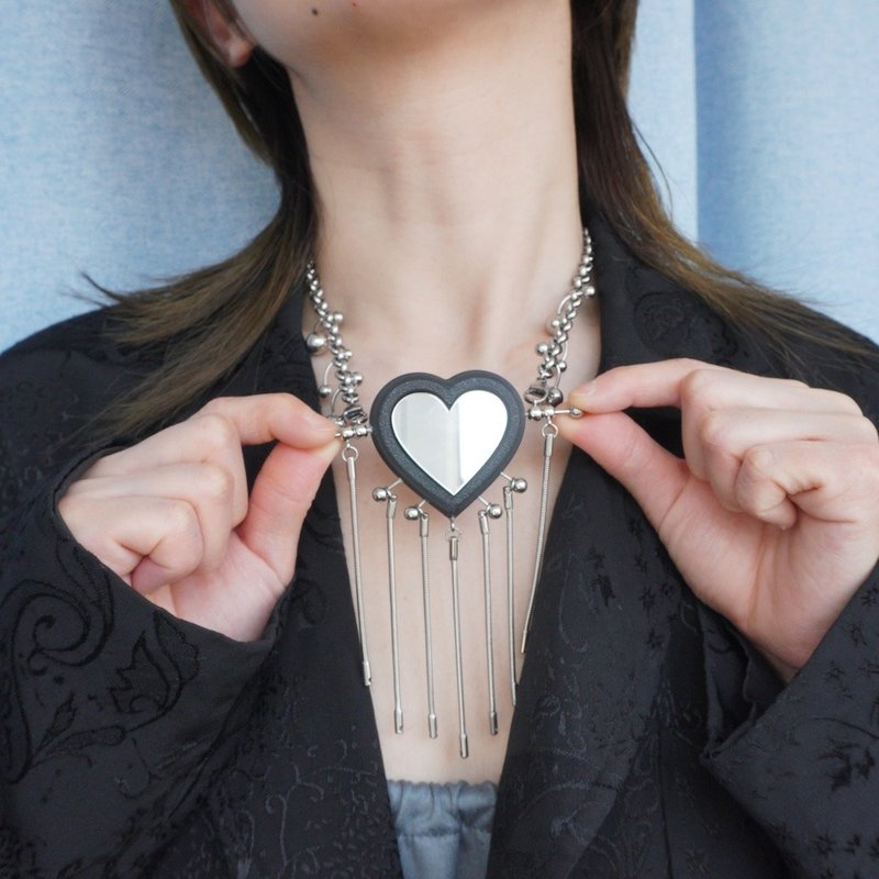 哥特爱心镜面流苏长项链 胸针两用 磁吸拆卸设计 原创手工制作 - 项链 - 其他材质 黑色