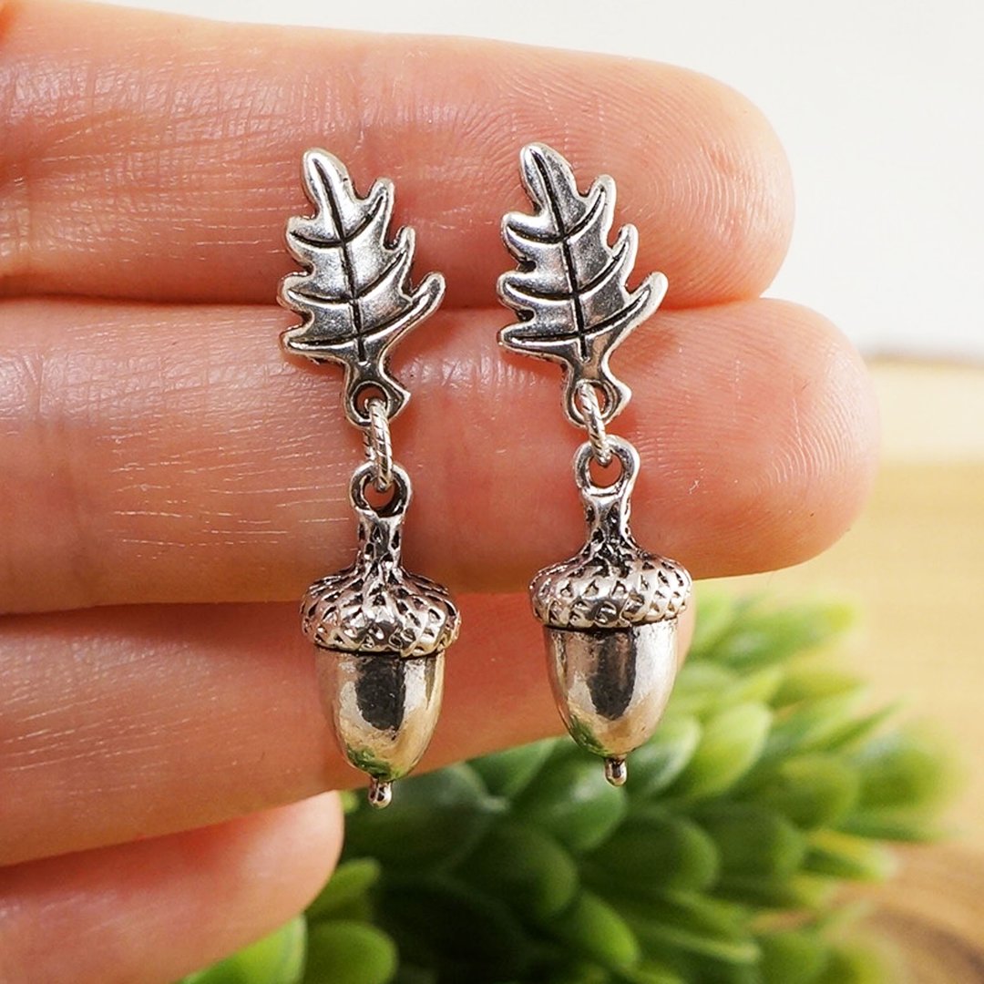 Silver Acorn Oak Leaf Forest Woodland Stud and Dangle Earrings Earrings Jewelry - 耳环/耳夹 - 其他金属 银色