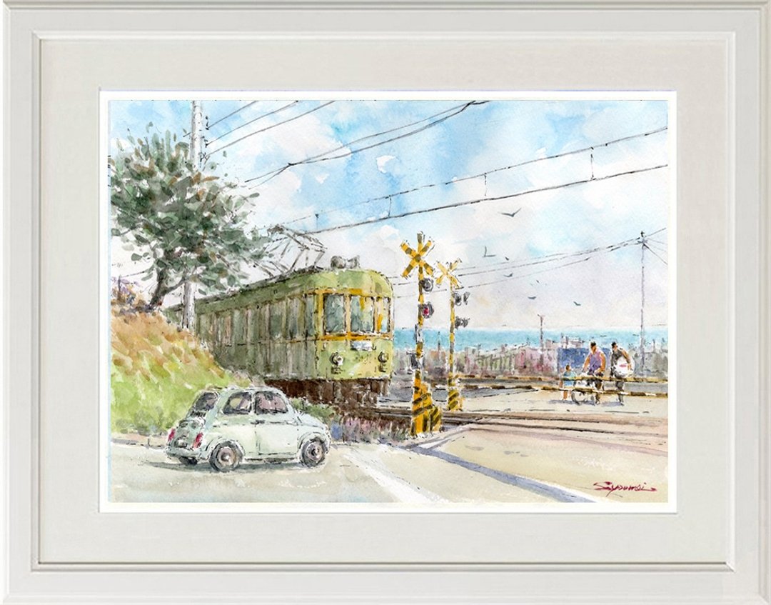 原创水彩画江之电、七里滨铁道口、镰仓王子大饭店前 - 海报/装饰画/版画 - 纸 绿色