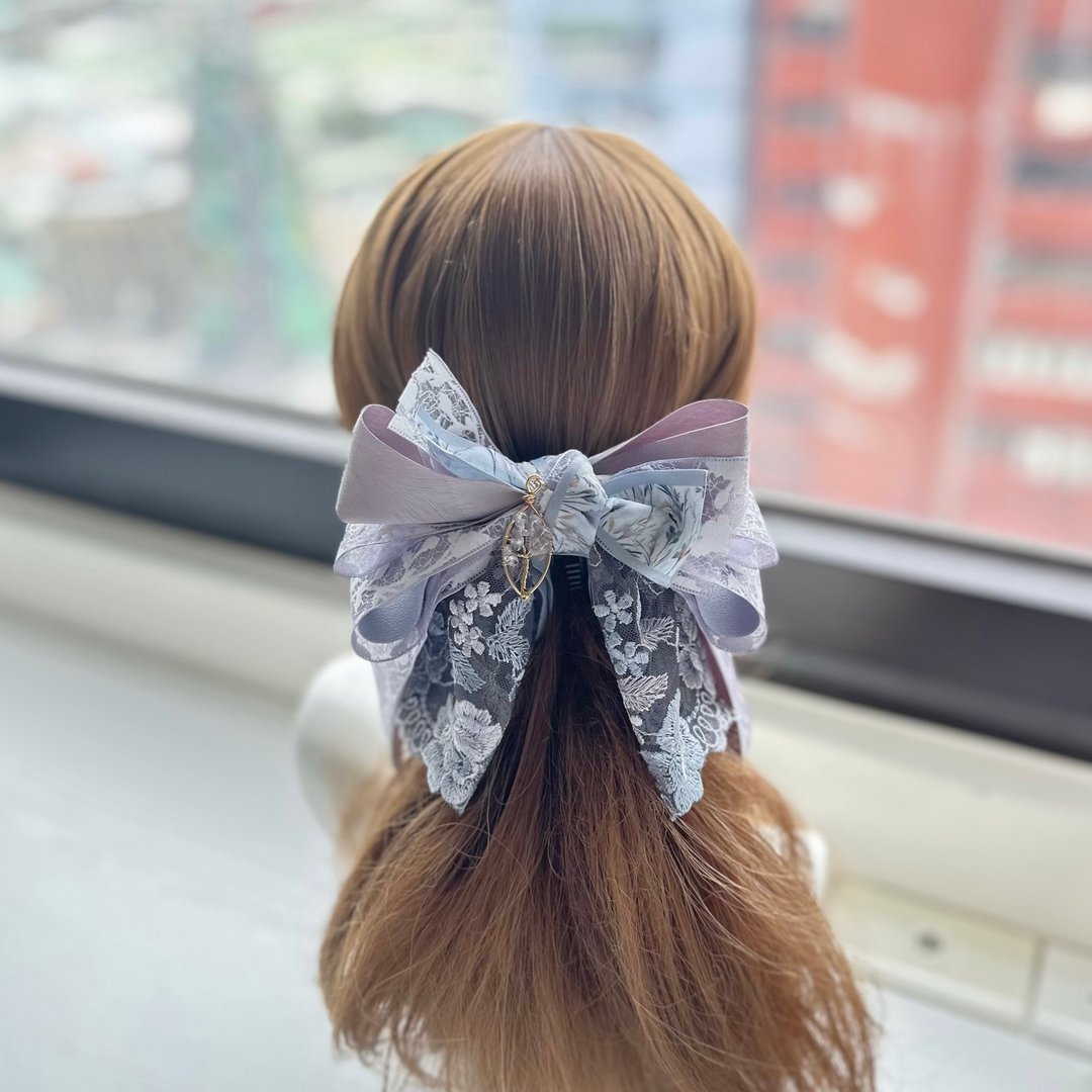蕾丝纱蝴蝶结相交夹香蕉夹仙女夹发夹-紫灰色+蓝灰色 - 发饰 - 其他材质 灰色