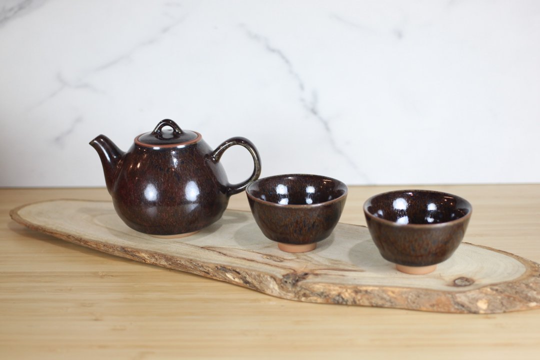 【沐春生活】黑孔雀 天目釉茶具组 一壶两杯 莺歌叶敏祥作 - 茶具/茶杯 - 瓷 