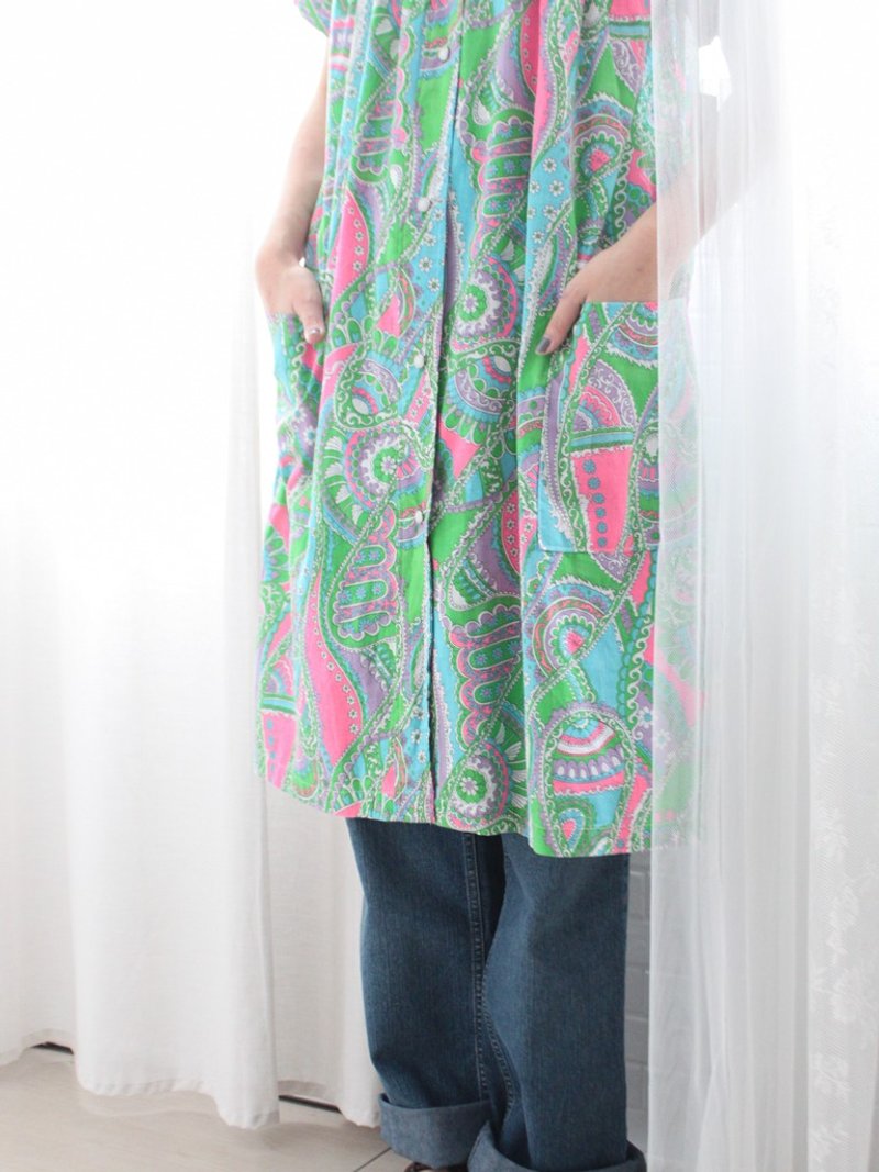 复古早春美国USA制棉质90s几何粉绿撞色图腾短袖宽松古着洋装 - 洋装/连衣裙 - 棉．麻 绿色