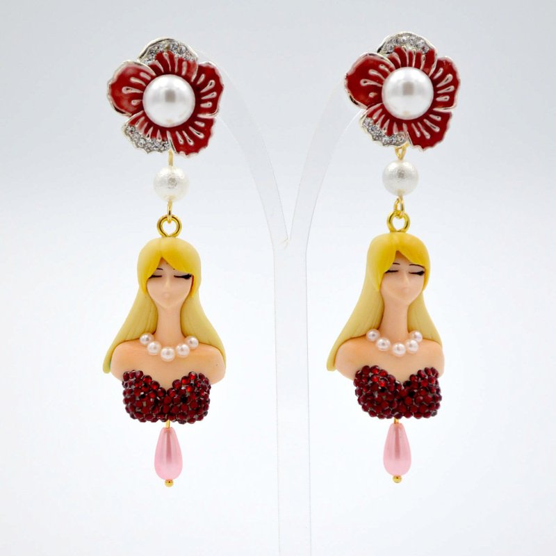 TIMBEE LO 晚装银河铁道千年女王缀红色Swarovski水晶花卉耳环扣 - 耳环/耳夹 - 其他材质 红色