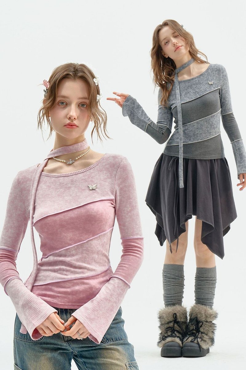 ziziFei设计感小众美式复古拼接围脖长袖T恤修身显瘦针织打底衫女 - 女装上衣 - 其他材质 