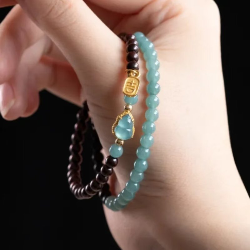 蓝水翡翠葫芦小叶紫檀双圈手链 - 手链/手环 - 玉石 咖啡色