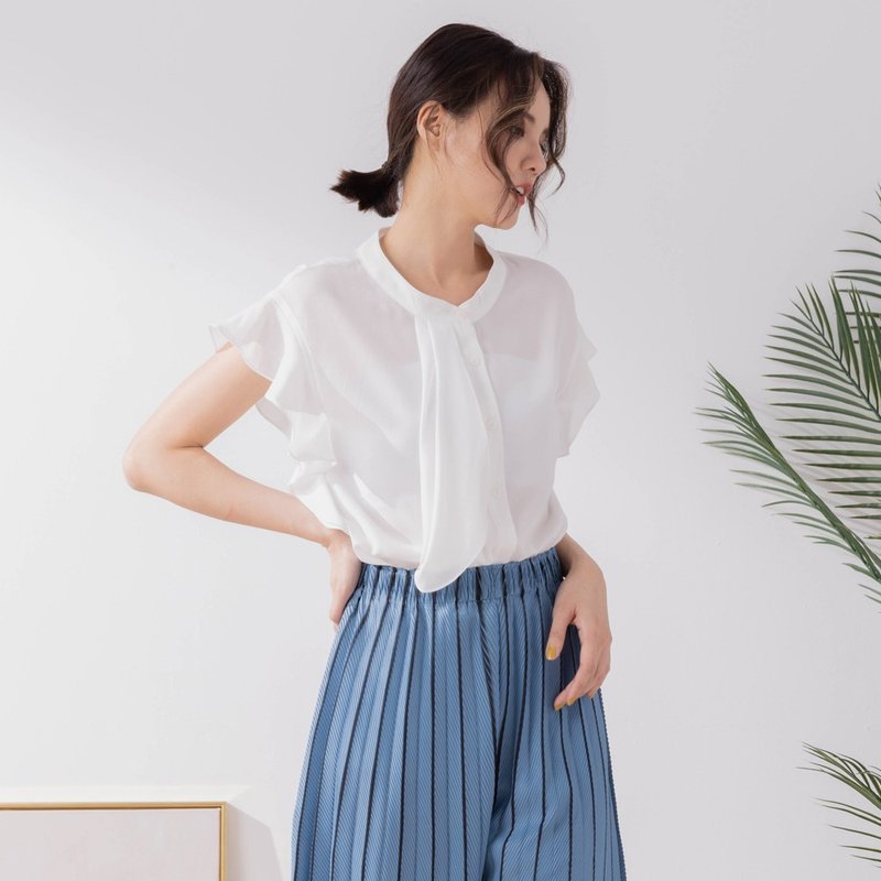 【MEDUSA】不对称压褶荷叶雪纺衬衫 - 白 (M-XL) | 女装 雪纺上衣 - 女装上衣 - 其他材质 白色