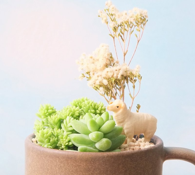 〈草原吹吹风〉多肉植物 干燥花 羊 陶瓷 咖啡色 盆栽  <Grassland blow> Succulents potted - 植栽/盆栽 - 陶 咖啡色