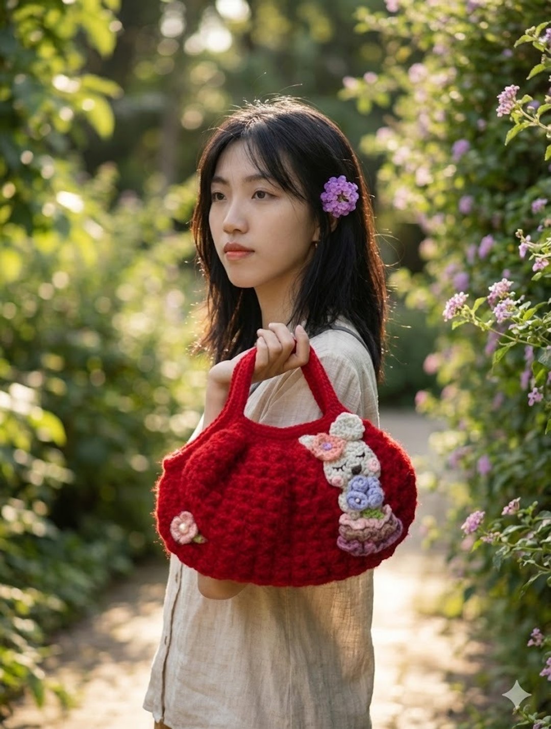 暖红小兔花园钩织手提包/立体娃娃造型毛线包/限量款 - 手提包/手提袋 - 棉 
