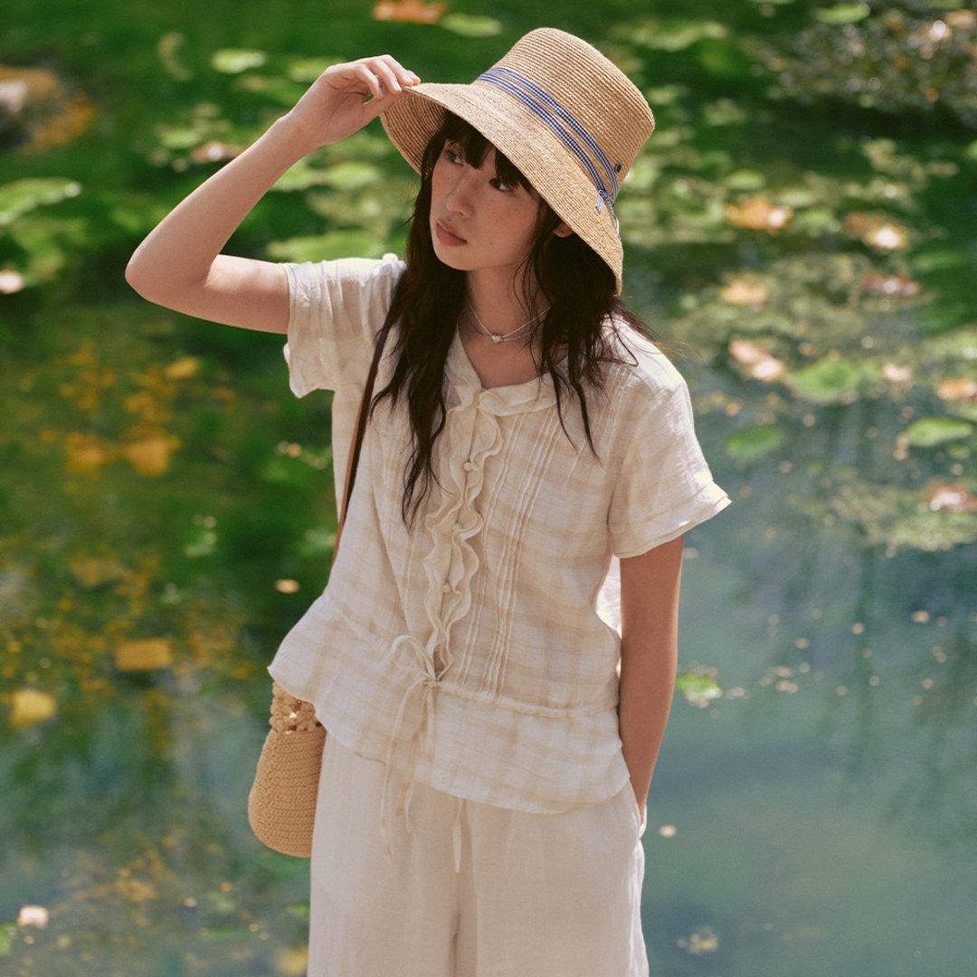 荷叶领系带小衫 | 衬衫 | 两色 | 夏款|Sora-2097 - 女装衬衫 - 棉．麻 白色