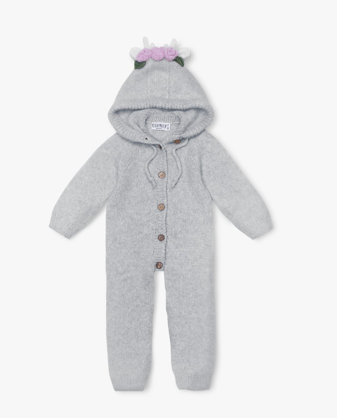 Deer jumpsuit with flowers, hand knitting baby jumpsuit, organic, alpaca, kids - 包屁衣/连体衣 - 羊毛 银色