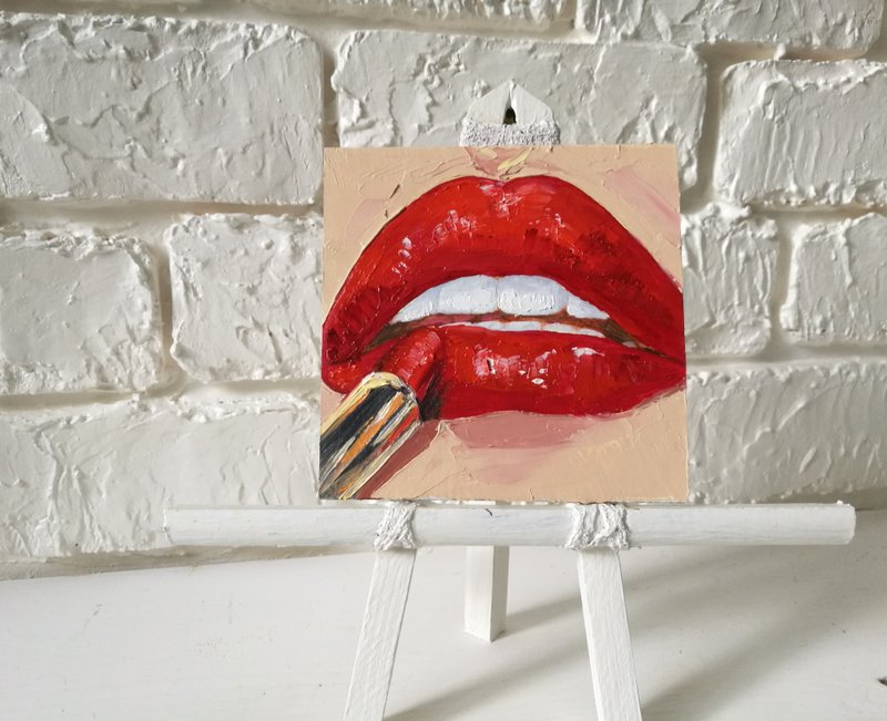 Contemporary art  Fashion painting  Mini painting Red Lips Drawing - 海报/装饰画/版画 - 其他材质 