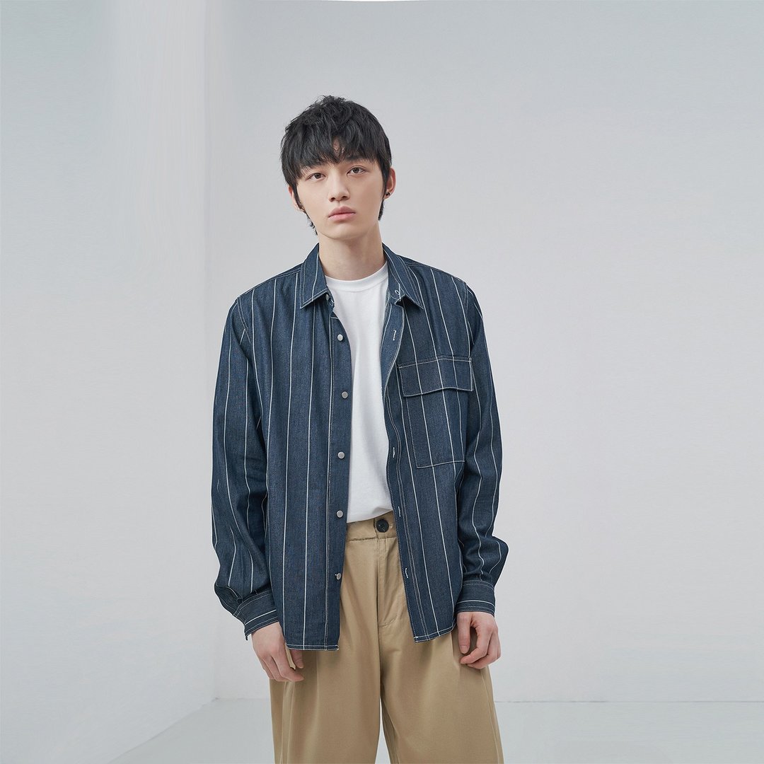 原创设计师款2021秋冬条纹牛仔衬衫外套男日系复古上装 - 男装衬衫 - 棉 蓝色