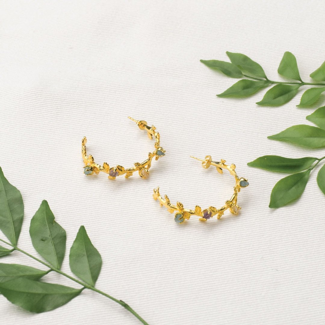 Leaf floral earrings - 耳环/耳夹 - 半宝石 银色