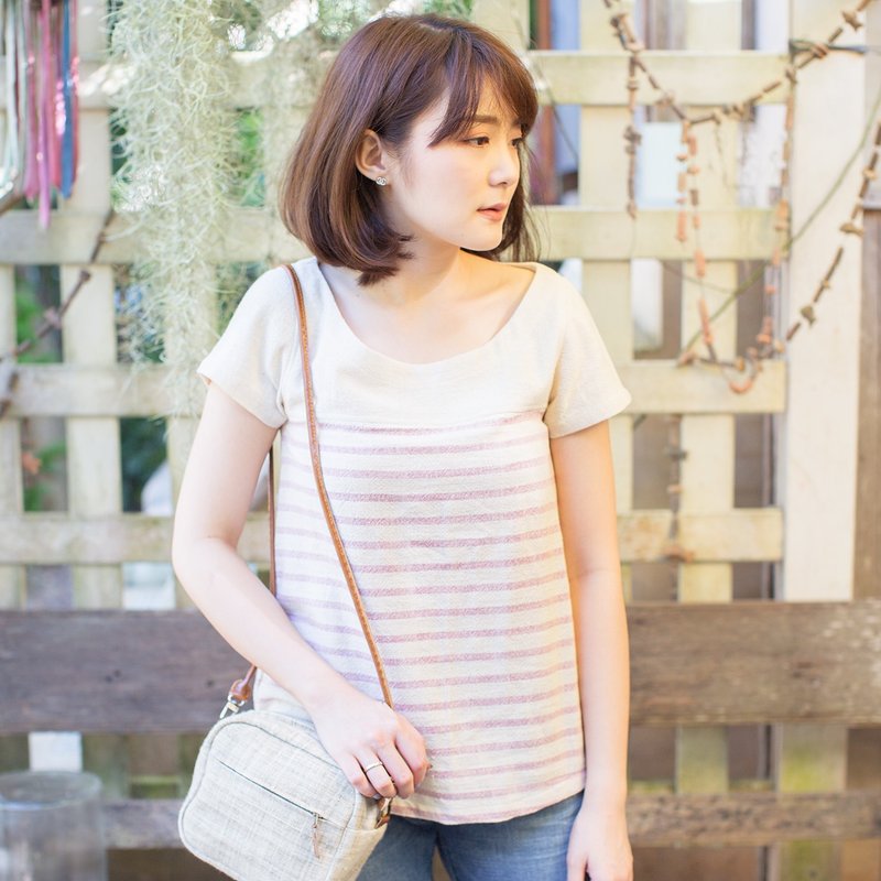 Striped Round Neck Short Sleeve Blouse - 女装上衣 - 棉．麻 粉红色
