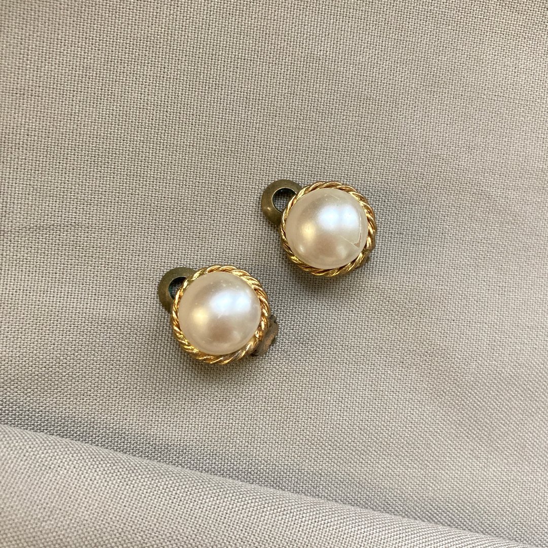 奶白珍珠 麻花金边 金属夹式耳环 耐用 古董饰品 古董耳环 - 耳环/耳夹 - 其他金属 白色