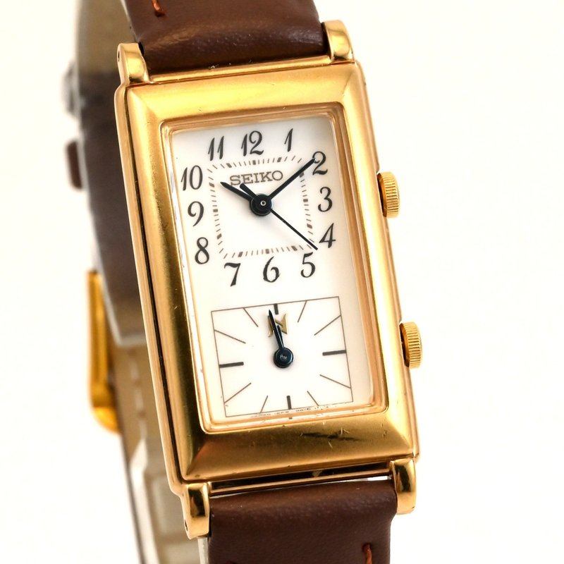 精工双时区女式手表坦克形状矩形 1EFW-5A00 指针金属古董金属手表 - 女表 - 不锈钢 