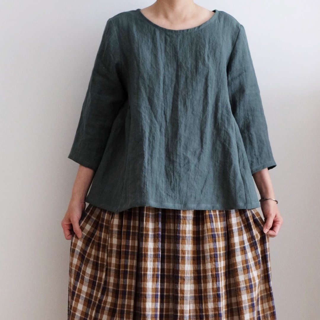 日常手作服 森林绿空气感伞型七分袖罩衫 水洗亚麻 - 女装上衣 - 棉 绿色