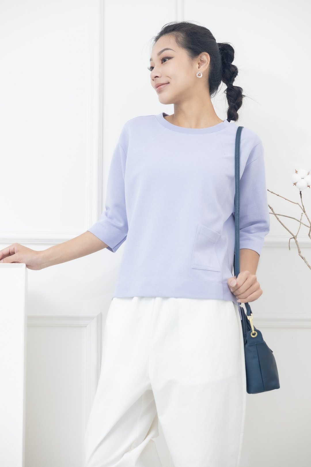 侧边线条拼接小口袋七分袖上衣 紫色 - 女装上衣 - 其他材质 紫色