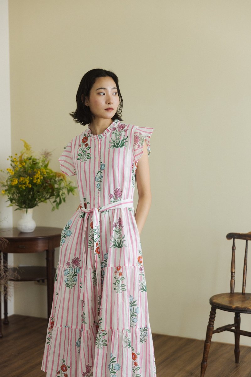 花领短袖绑带洋装_粉直纹花 - 洋装/连衣裙 - 棉．麻 粉红色