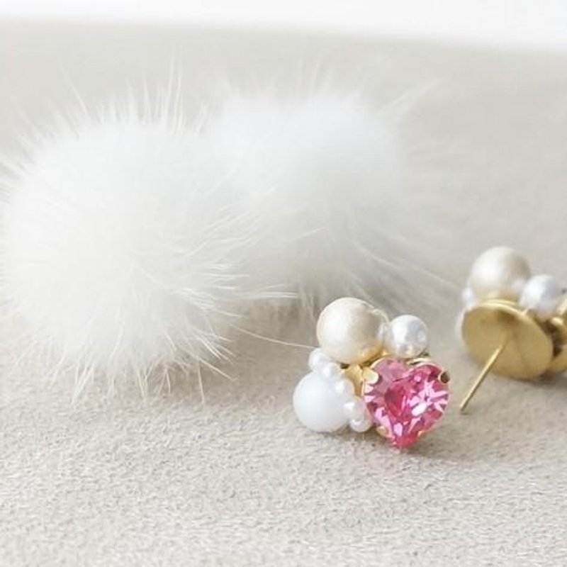 2way Mink Fur Heart Swallow Earrings - 耳环/耳夹 - 其他金属 粉红色