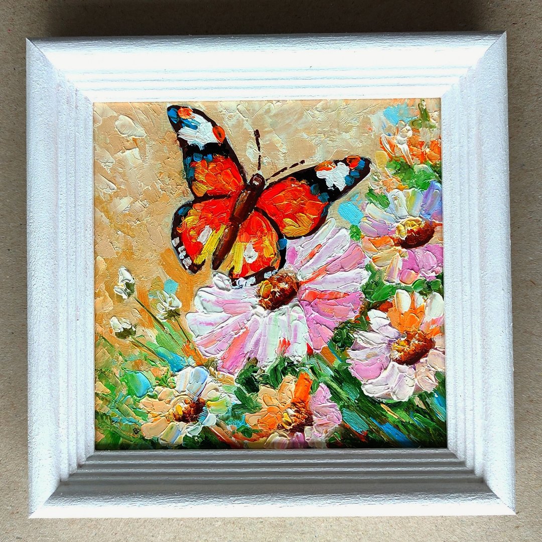 花上的蝴蝶原创油画框艺术礼物创意油画，油画原作 - 海报/装饰画/版画 - 其他材质 多色