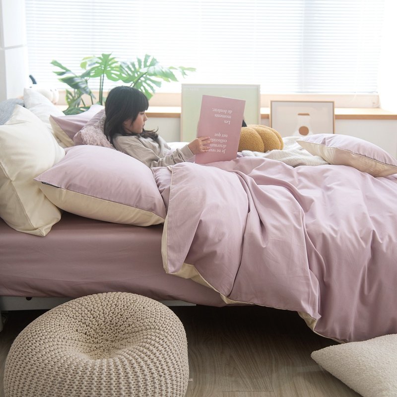 Basic10 柔雾粉 X 奶油黄 300 织长绒棉 床包枕套/床包被套组/台湾制 - 寝具 - 棉．麻 