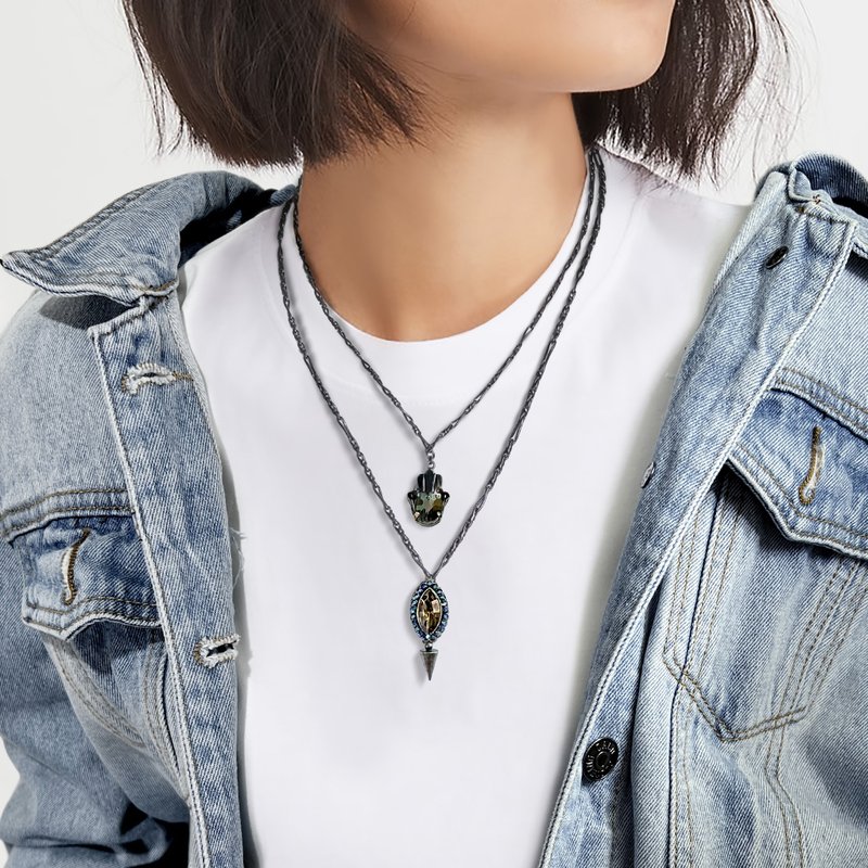 法蒂玛之手与谜样之眼坠链 - 夜光黑色 - 项链 - 水晶 