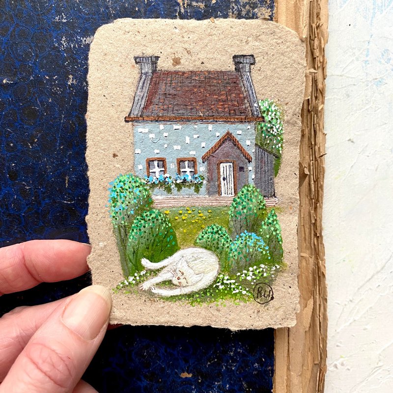 White cat painting Mini Original art Small artwork on handmade paper by Rubinova - 海报/装饰画/版画 - 纸 多色