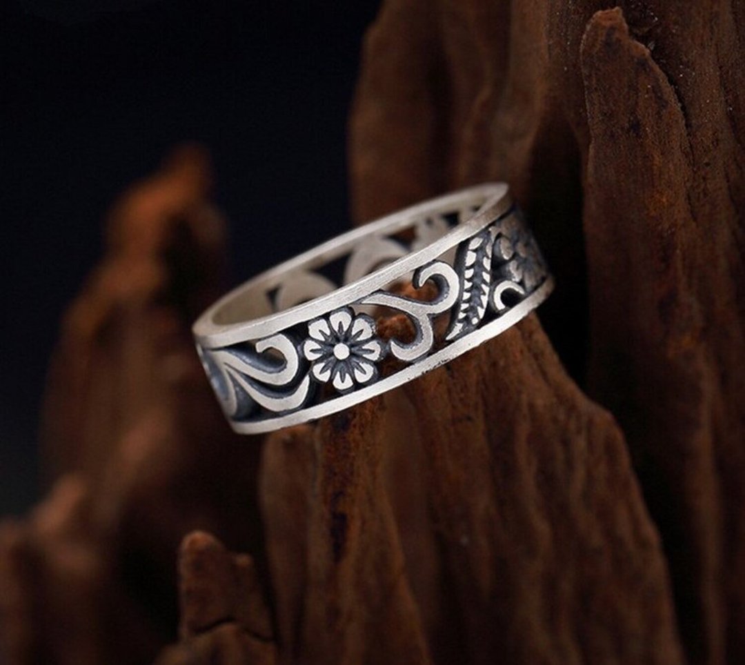 Real 990 Fine Silver Handmade Jewelry Engraved Vintage Hollow Women Open Finger - 戒指 - 银 银色