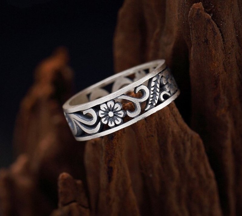 Real 990 Fine Silver Handmade Jewelry Engraved Vintage Hollow Women Open Finger - 戒指 - 银 银色