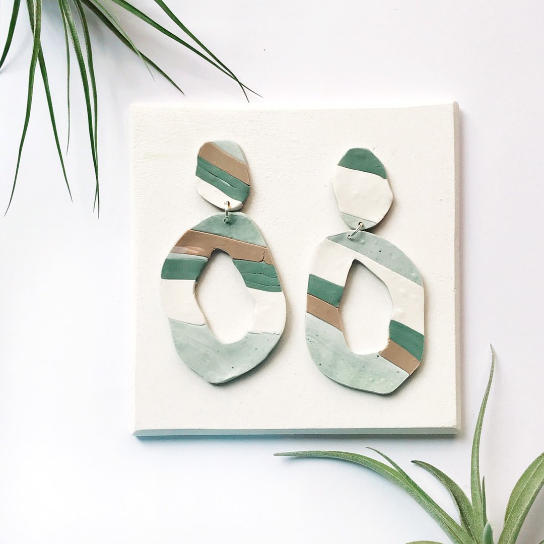 软陶耳环Clay earrings 绿-条纹设计款 - 耳环/耳夹 - 环保材料 绿色