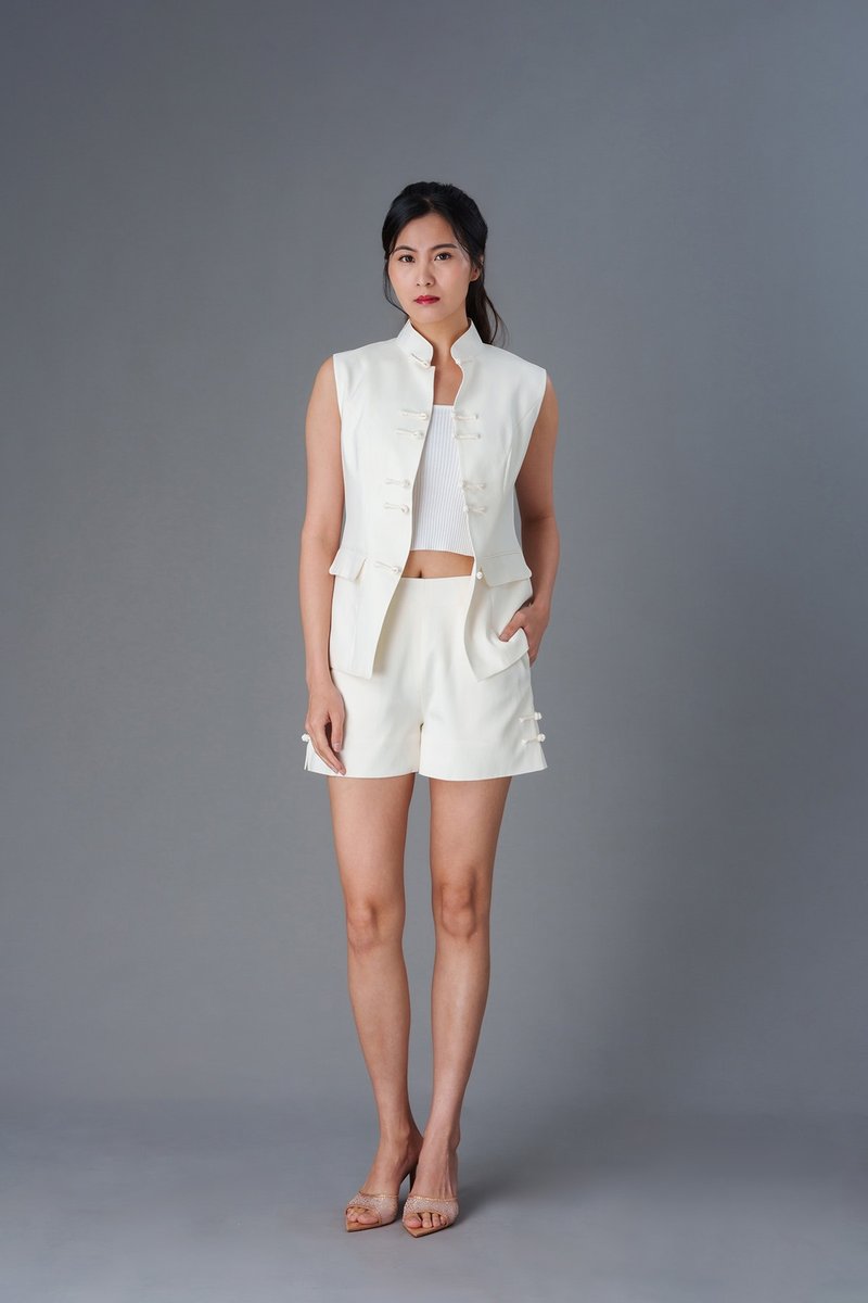 中式修身亚麻马甲 (香草白色) |香港设计 - 女装背心 - 棉．麻 白色