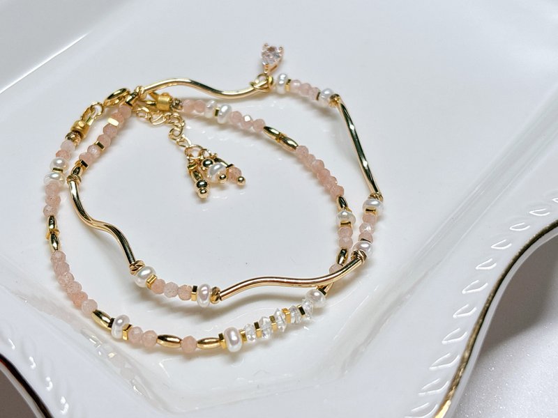 日暮 l 极细手链/2件式。赫基蒙双尖水晶。橙月光石。淡水珍珠 - 手链/手环 - 水晶 橘色