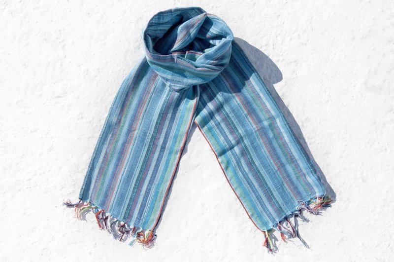 手织纯绵丝巾 手工织布围巾 手工编织丝巾 棉麻丝巾-蓝色彩虹条纹 - 丝巾 - 棉．麻 蓝色