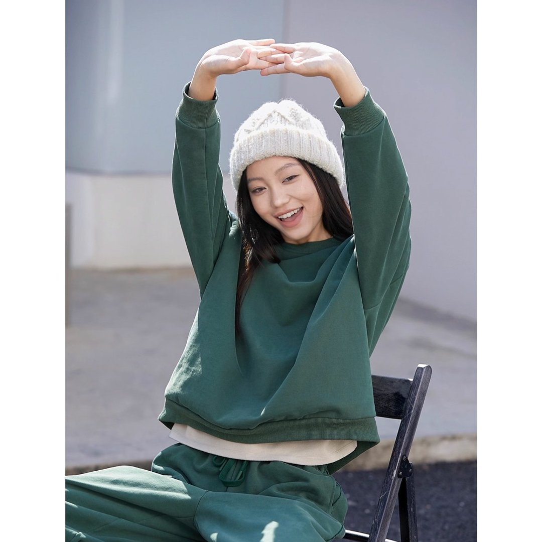 油绿色单股粗棉纱厚实保暖小圆领卫衣 - 女装上衣 - 棉 