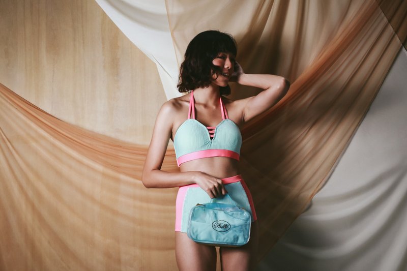 Love Pocket set 迷人露背高腰兩件式泳裝 / 薄荷色+珊瑚色 - 女装泳衣/比基尼 - 其他材质 绿色