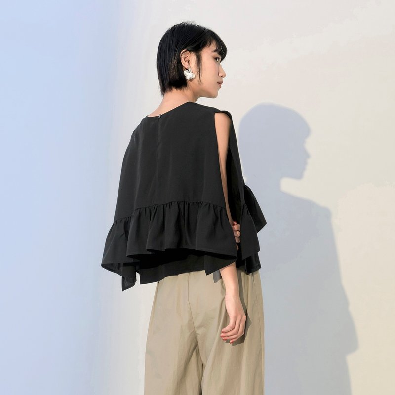飘逸披风式荷叶无袖上衣 - 女装背心 - 其他人造纤维 黑色