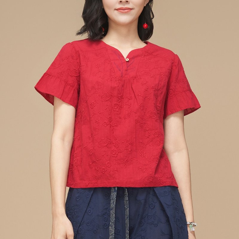古典美 刺绣车花上衣【53012】 - 女装上衣 - 棉．麻 红色