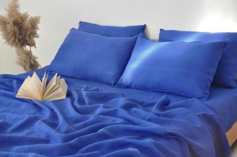 Royal blue linen sheet set / Flat+fitted sheet+2 pillowcases / Blue bedding - 寝具 - 亚麻 蓝色