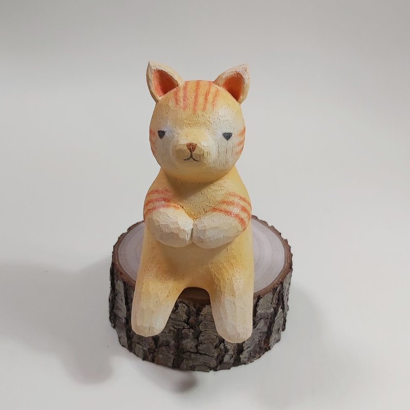 猫咪木雕艺术品 - 玩偶/公仔 - 木头 橘色