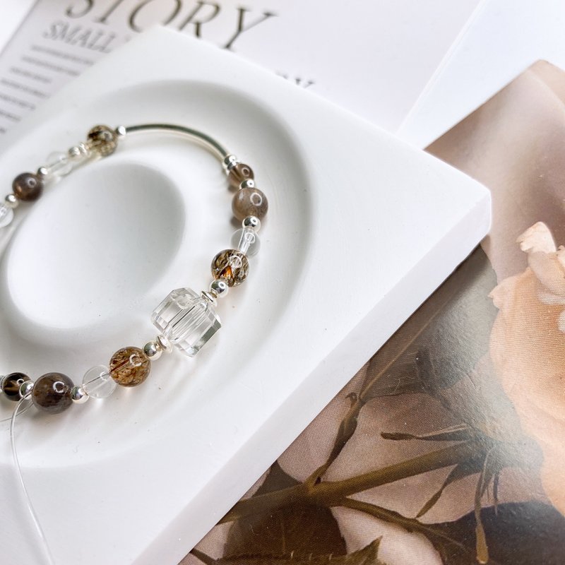 沉暮 黑金超七 黑金骨干太阳石  茶晶 水晶矿石弹性925纯银手环 - 手链/手环 - 水晶 黑色