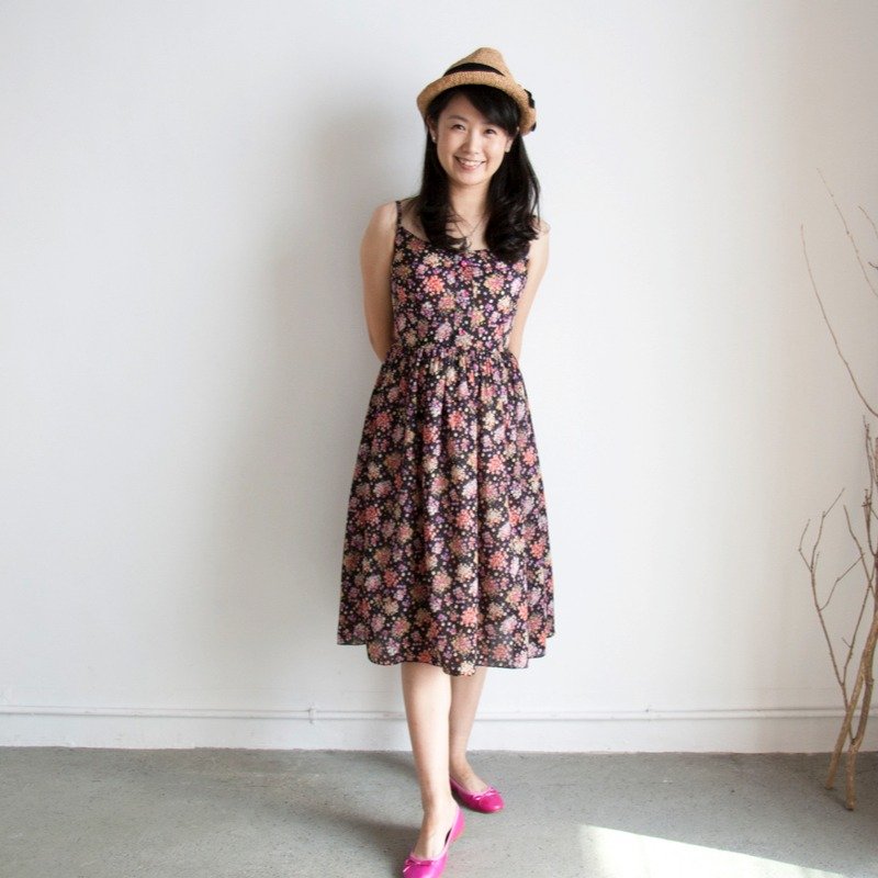 点点烟花吊带长洋装_夜色黑_大人款 - 洋装/连衣裙 - 棉．麻 黑色